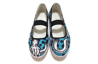 Wermdogg - Octowreck (Shoes) by Singapore female artist Xinlin - Fine Art and Fashionable footwear- South East Asian fashion and culture created by Singapore contemporary realism artists using fabric and fabric paints.