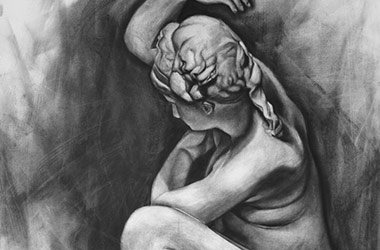 Crouching Aphrodite I - Singapore art class - contemporary art in charcoal
