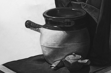 Still Life - classical realism charcoal drawing, Singapore contemporary arts scene and art class. Amazing artwork by Singapore contemporary artist